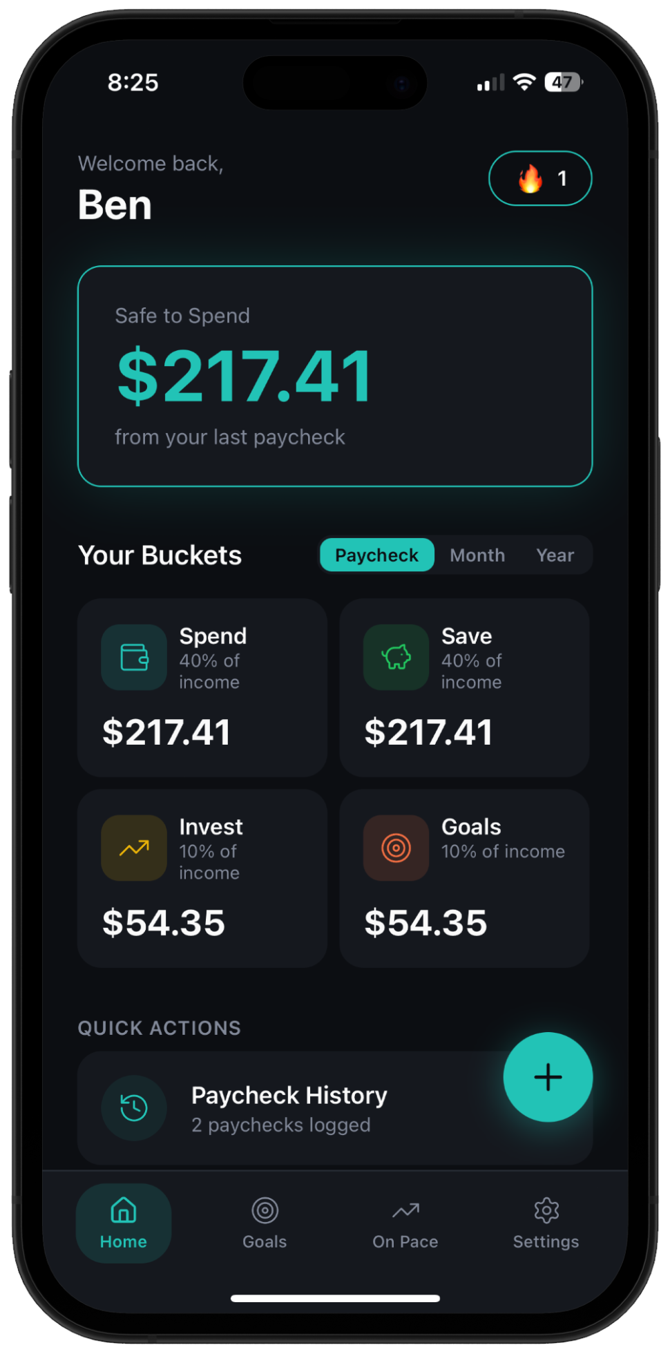 North app dashboard showing safe-to-spend balance and budget buckets