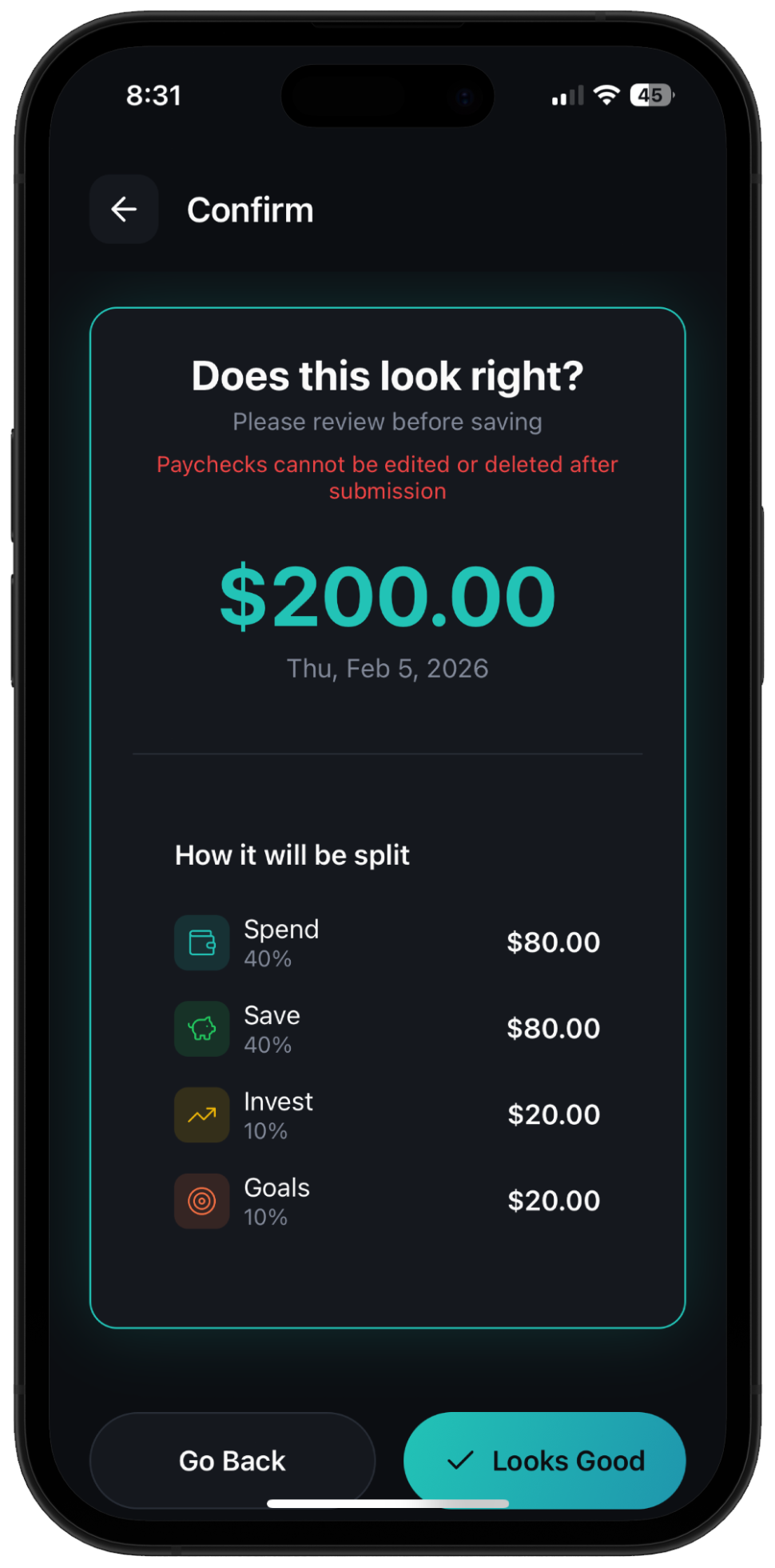 Paycheck confirmation showing $200 split across all four buckets