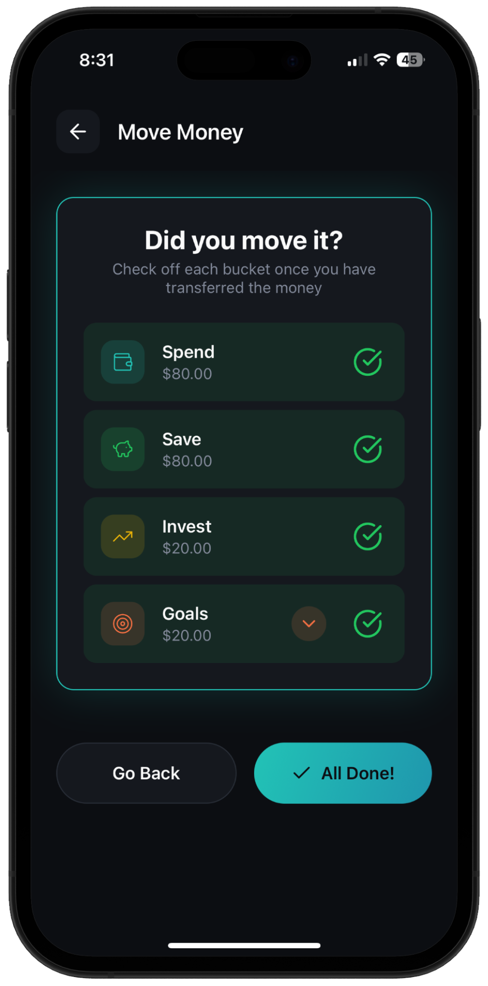 Move money checklist with all buckets checked