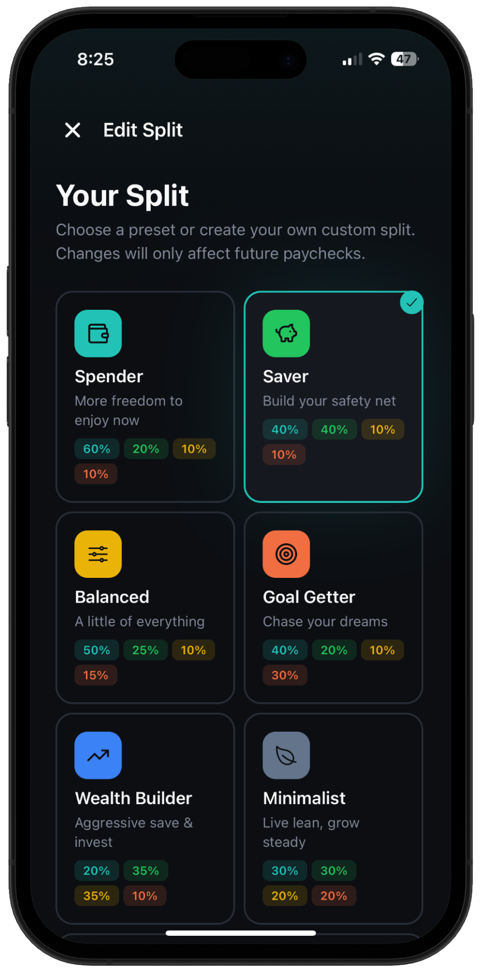 Money personality presets — choose how your paycheck splits